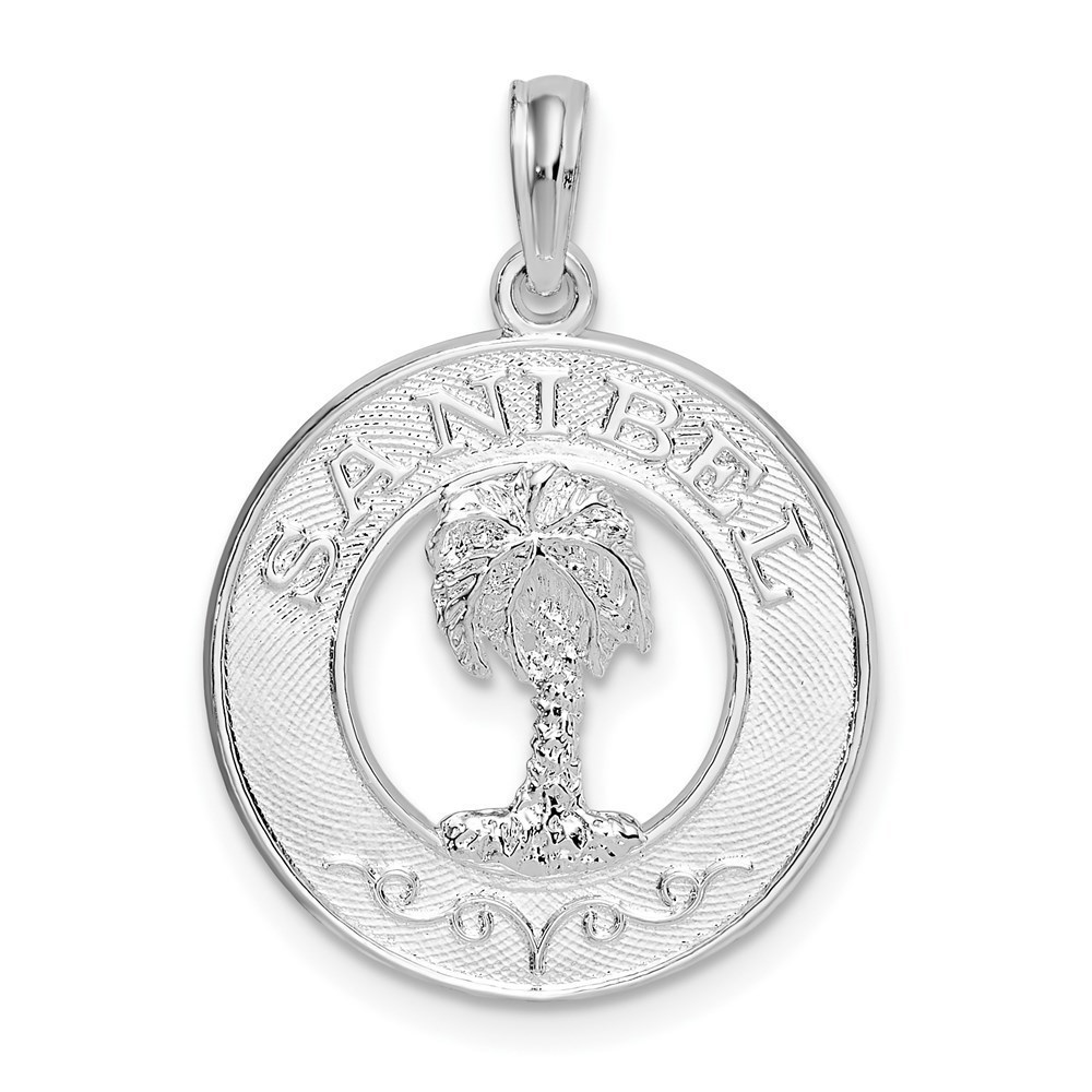 Sterling Silver Small Travel Sanibel Circle w Palm Tree Necklace Charm Pendant